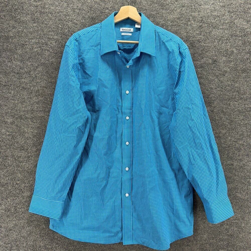 Haggar Shirt Men 17 Blue Plaid Button Up Collared Long Sleeve Slim Fit Cotton
